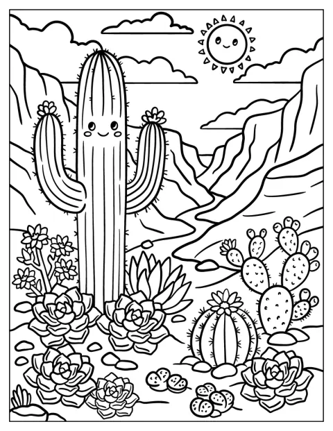 Saguaro-kaktus, opuntia ja echeveria kasvavat kivisessä aavikkopuutarhassa.