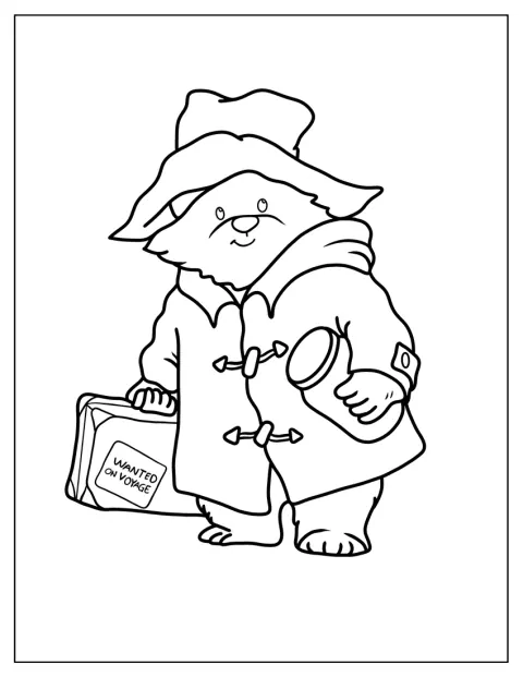 Yksinkertainen Paddingtonin ääriviivakuva näyttää hänet matkalaukun ja marmeladipurkin kanssa.