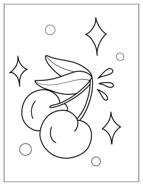 Deux cerises sont dessinées simplement avec leurs tiges et leurs feuilles.