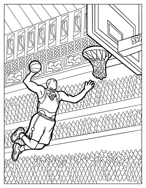 En basketballspiller hopper mot kurven med ballen løftet for dunk.