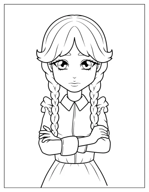 Wednesday er tegnet i en nuttet kawaii-stil.