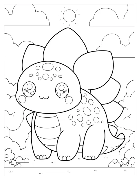 Een lieve stegosaurus kijkt met grote ogen vooruit.