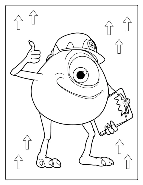 Mike Wazowski sonríe mientras sostiene una tabla con sujetapapeles.