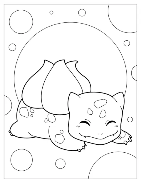 Bulbasaur klidně spí schoulený na zemi.