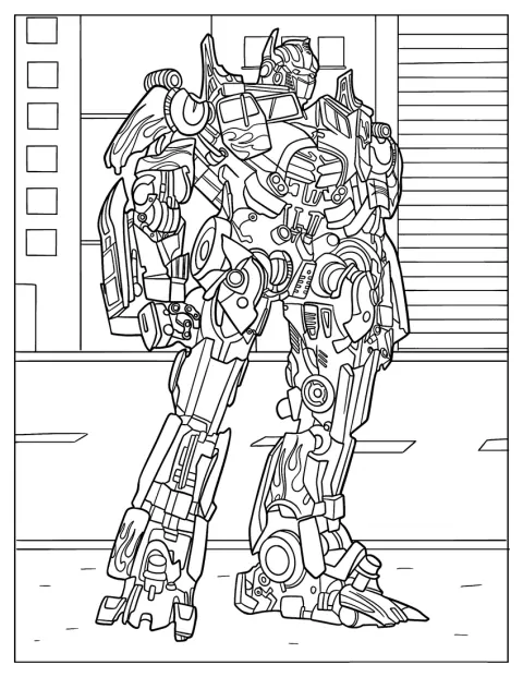 În mijlocul orașului, Optimus Prime apare în forma sa de Autobot.