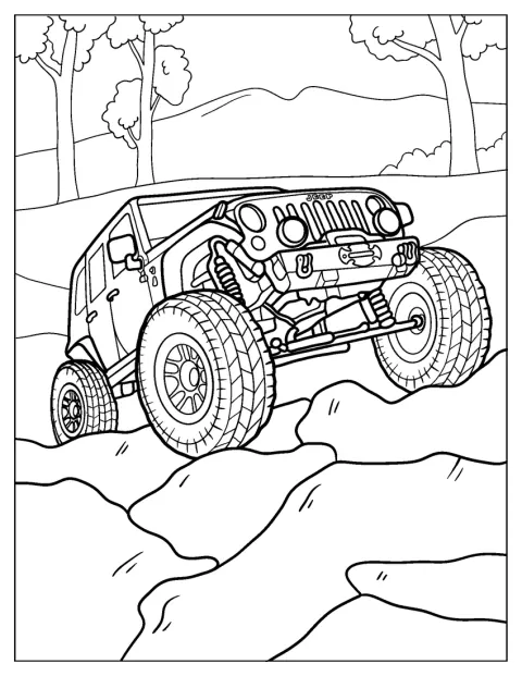 En Jeep kör över ojämn terräng långt från vägen.