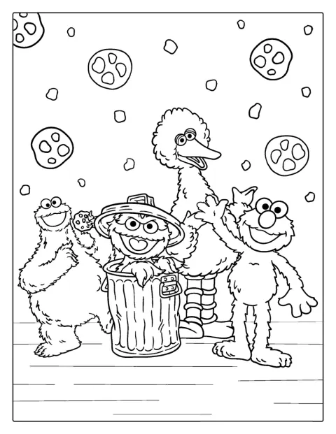Elmo står tillsammans med sina vänner från Sesame Street.