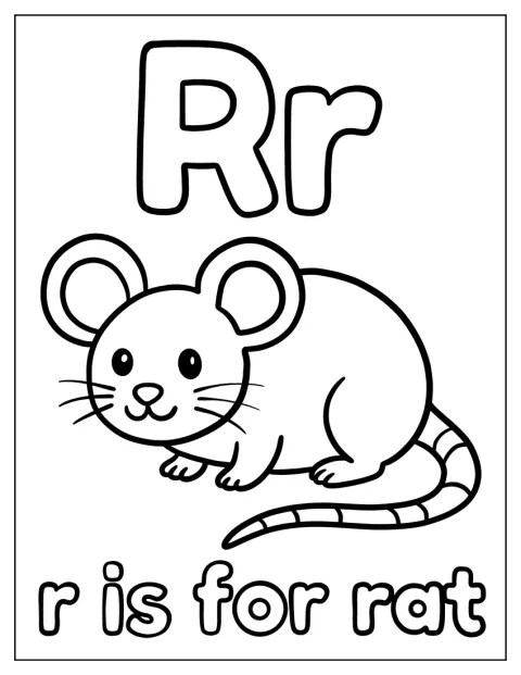 Rの文字のそばに、小さなネズミが描かれています。