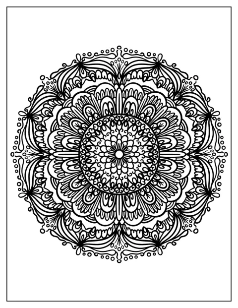Blomster og blader fyller en rund zentangelkomposisjon.