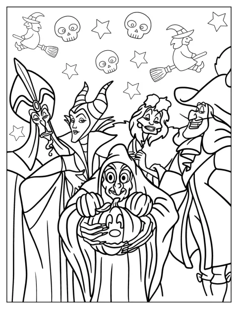 Jafar, Maléfica, Rainha Grimhilde, Cruella e Capitão James Hook aparecem juntos.