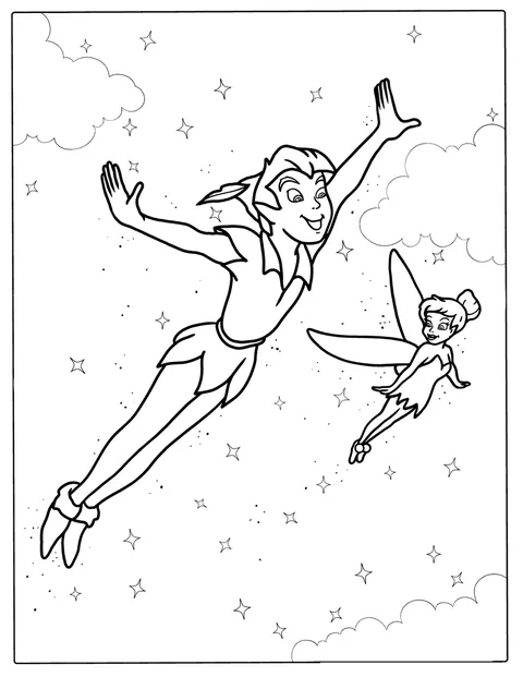 Peter Pan e Trilli volano insieme nel cielo notturno.