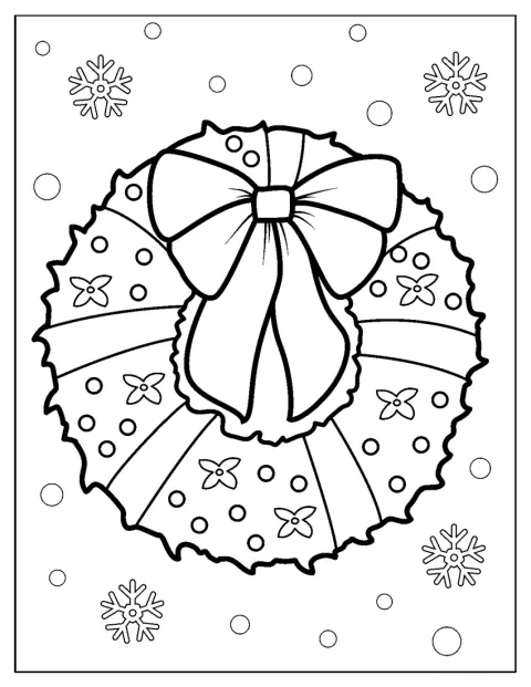 En julekrans med en stor sløyfe henger pyntet til høytiden.