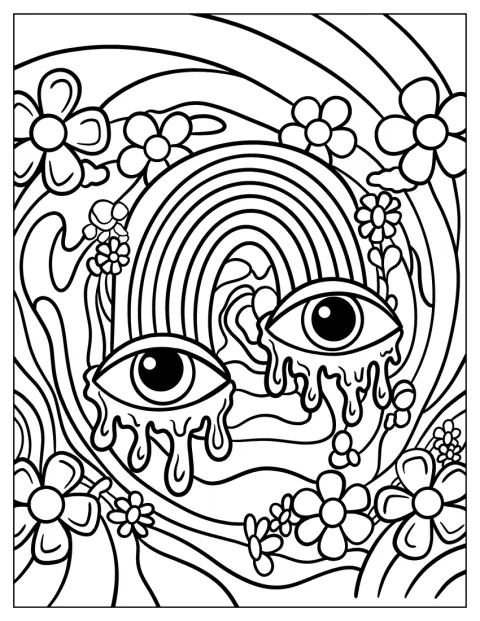 Øjne og regnbuer præger et farverigt mønster i 70'er-stil.