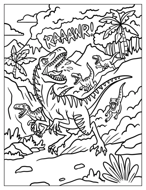 Een groep Velociraptors brult tussen de bomen in de jungle.