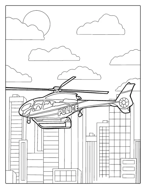 Et politihelikopter flyr over bygningene i byen.