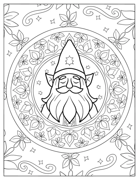 A mandala közepén egy törpe látható, virágos minták veszik körül.