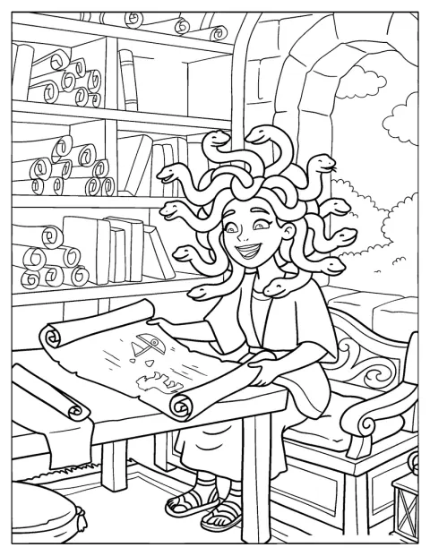 Medusa traza un dibujo sobre un pergamino en un antiguo taller griego.