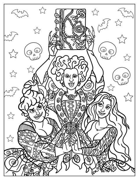 Winifred, Sarah und Mary Sanderson halten gemeinsam ihr Zauberbuch hoch.