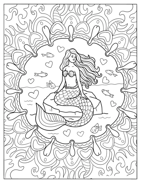 Una sirena descansa sobre una roca junto al mar, enmarcada por conchas.