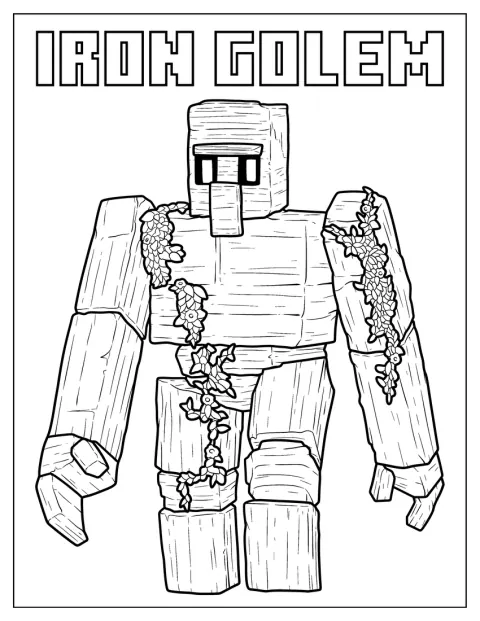 Železný golem kráčí světem Minecraftu se vztyčenými pažemi.