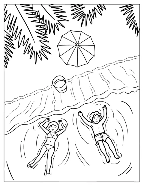 女の子と男の子が浜辺の海で一緒に泳いでいます。