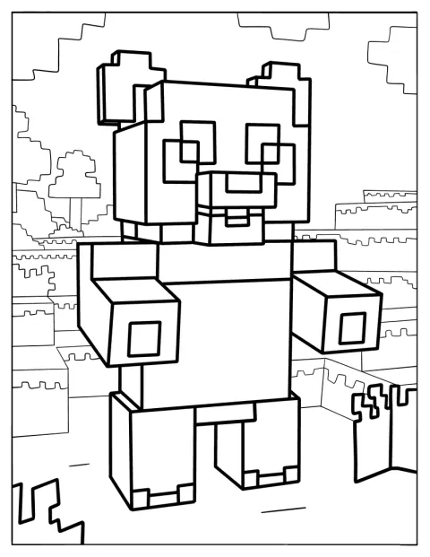 En Minecraft-panda står i ett landskap byggt av pixlar.