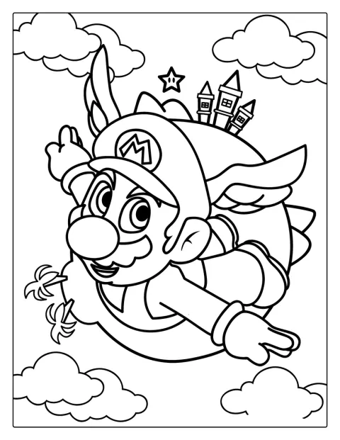 Mario vuela por el aire con unas alas.