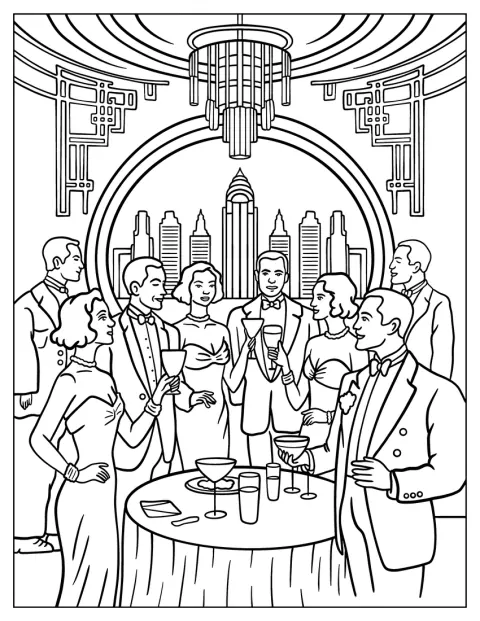 Vintage Coloring Page of 1920s City Party with Glamorous Guests and Skyline View