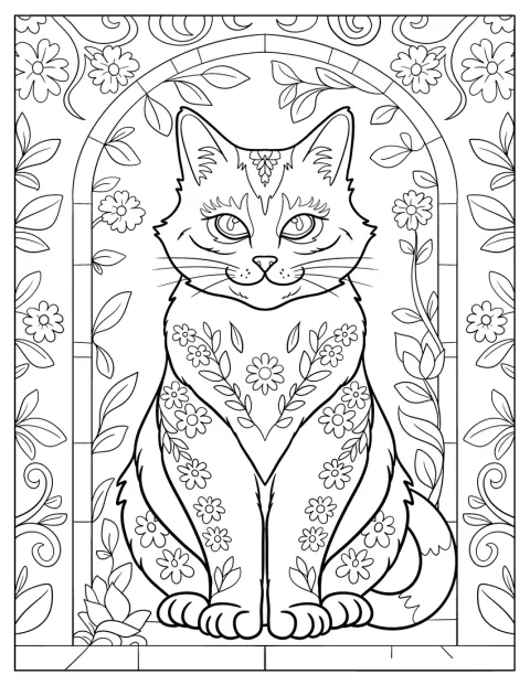 飾り模様のある猫が、花々と庭の枠に囲まれています。