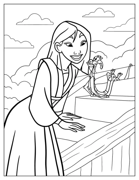 Mulan ist mit dem kleinen Drachen Mushu zu sehen.
