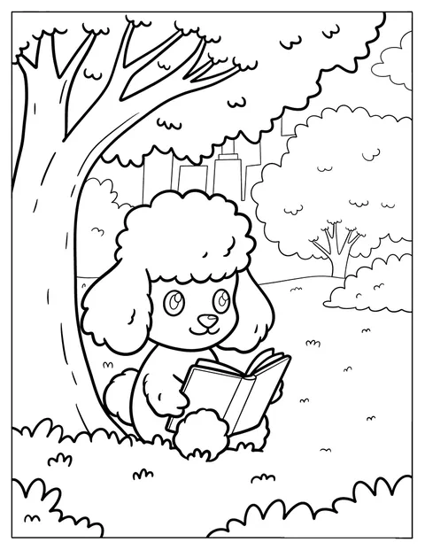 Um caniche lê um livro à sombra de uma árvore no parque.