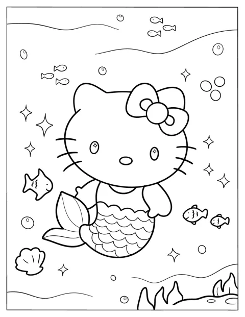 Hello Kitty simmar som sjöjungfru bland fiskar, bubblor och glitter.
