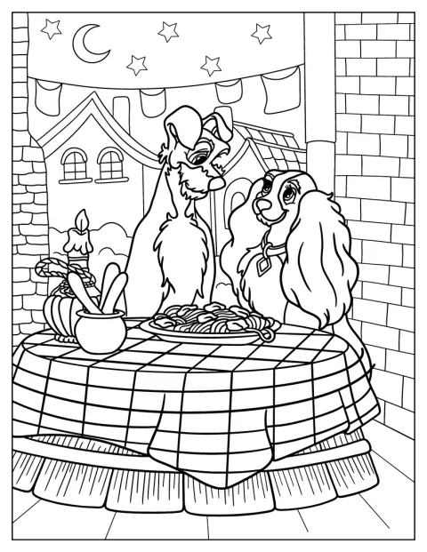 Lady y Tramp comparten una cena romántica en un restaurante.