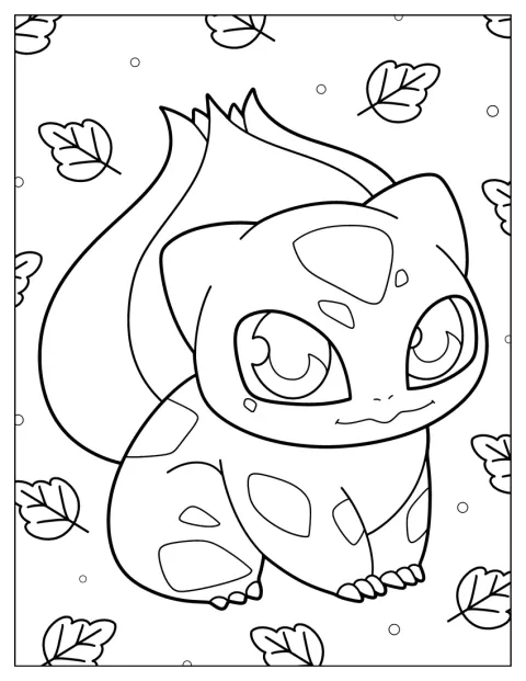 Bulbasaur is getekend in een expressieve anime-stijl.