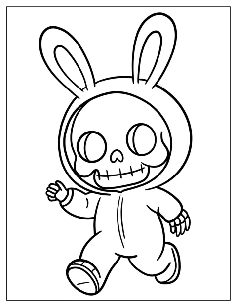 Et skeletbarn hopper rundt i et sødt kaninkostume.