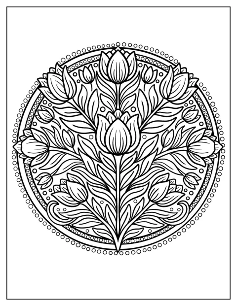 En tulipanmandala med prikramme er pyntet med botaniske mønstre.