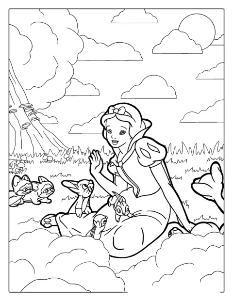 Blanche-Neige est entourée d’animaux dans la forêt.