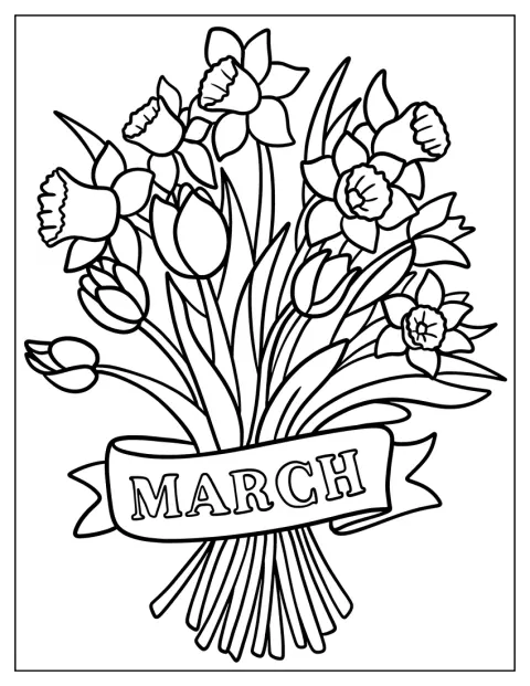 En buket blomster står under et banner med ordet »March«.