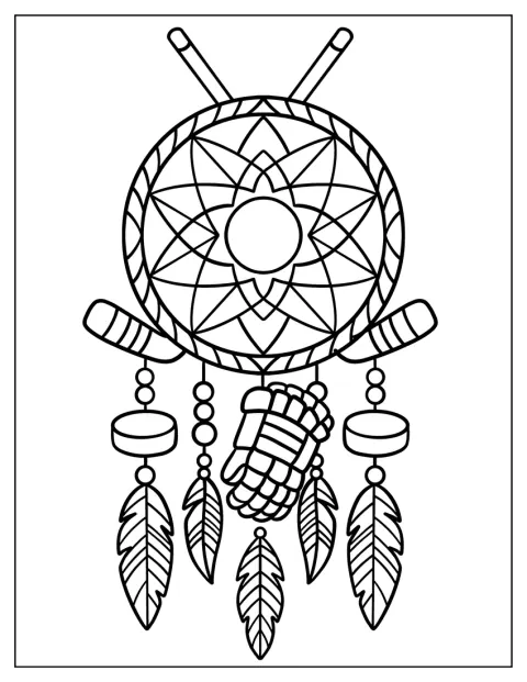 O mandala decorativă combină pene și pucuri de hochei suspendate.