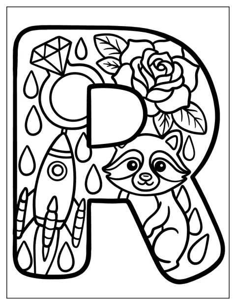 Curvy Big Letter R Coloring Page with Ring, Rose, Rain, and Raccoon
