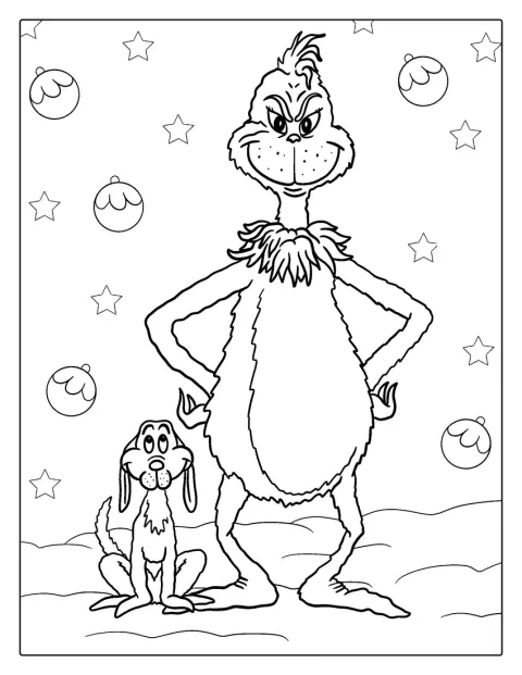 De Grinch staat naast Max in een eenvoudige tekening.