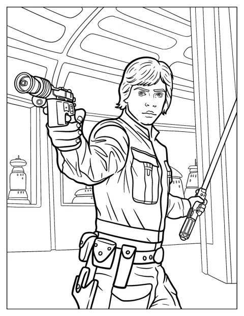 Mark Hamill als Luke Skywalker hält einen Blaster und ein Lichtschwert.