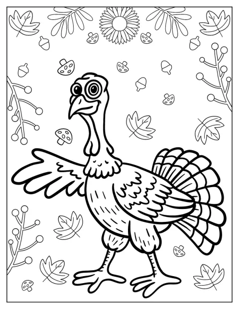 Un pavo de dibujos animados saluda con un ala levantada.