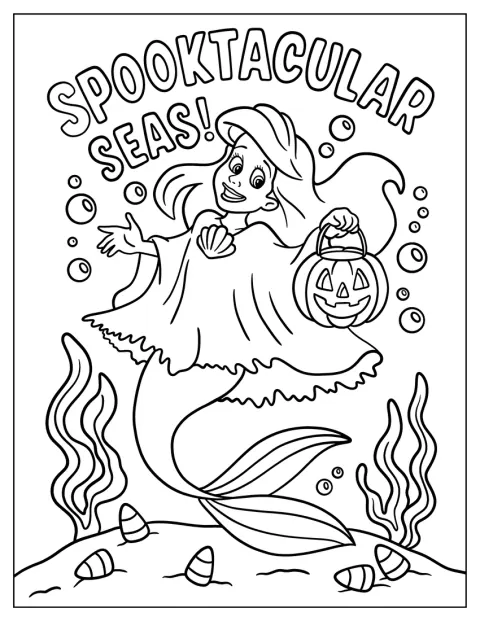 Ariel v halloweenském kostýmu plave pod mořem s pytlíkem sladkostí.