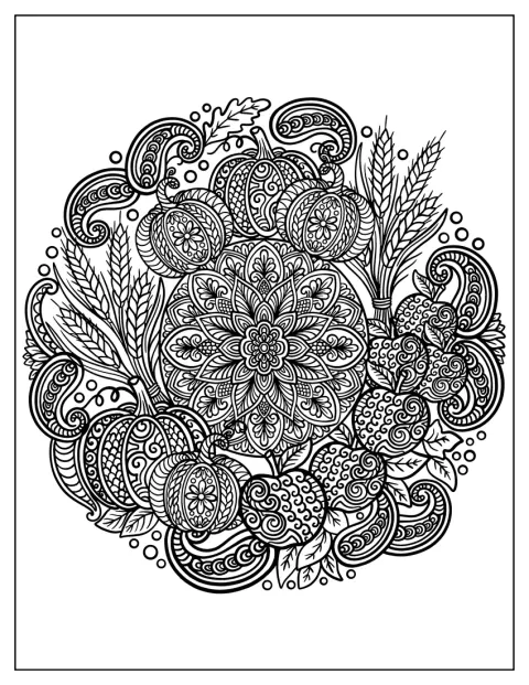 Ein detailreicher Kürbis liegt zwischen Weizenähren in einem herbstlichen Mandala.