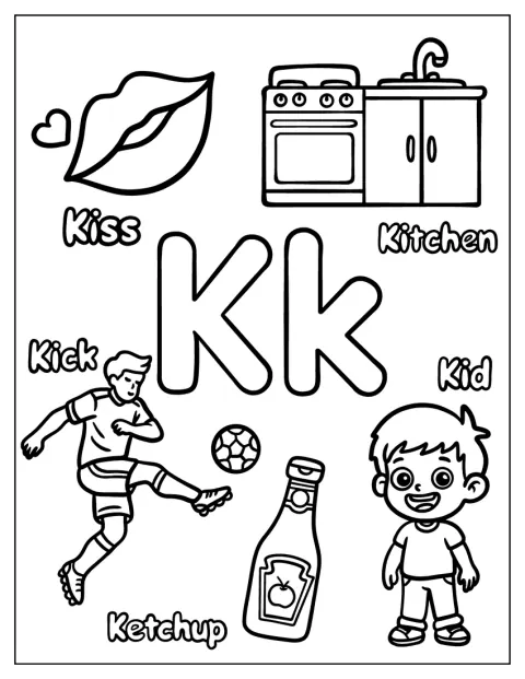 La letra K aparece junto a una cocina, un beso, una patada, un niño y un bote de kétchup.