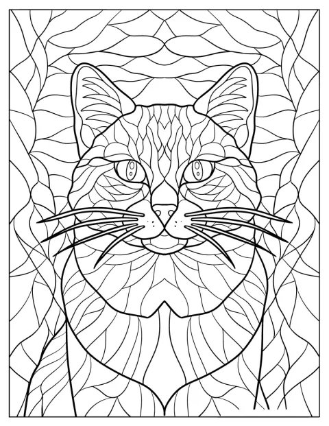 Portret kota w stylu witrażu podkreśla jego wyraziste wąsy.