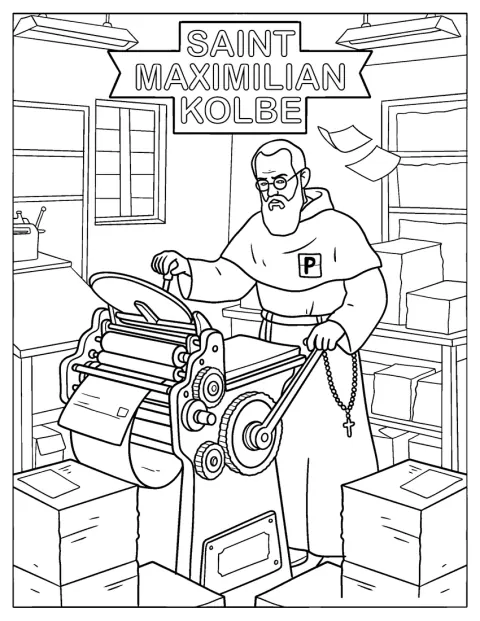 Saint Maximilien Kolbe travaille à une presse dans un atelier monastique.