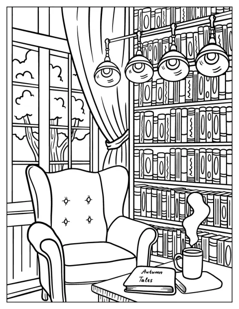 Un sillón cómodo, una estantería y una taza de café forman un cálido rincón de lectura.