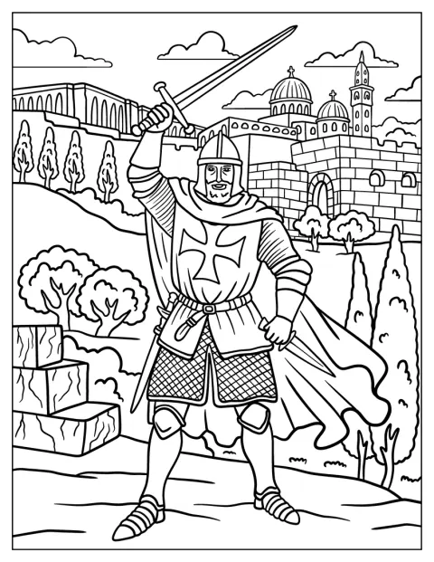 En korsfarersoldat løfter sverdet høyt.